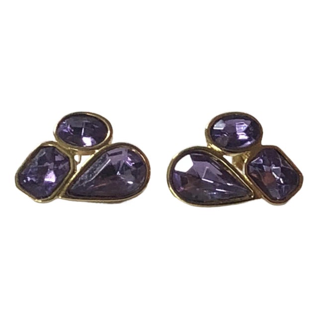 1980s Trifari Amethyst Crystal and Gold Cluster Earrings - Set of 2 For Sale
