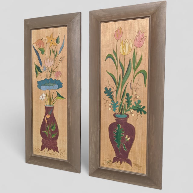 Wood Vintage Handcrafted Folk Art Botanical Floral Framed Wall Panels- A Pair For Sale - Image 7 of 12