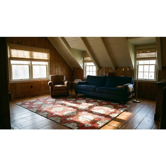 1900s Beige Geometric Folk Art Antique American Hooked Rug 5' 7'' X5' 7'' Woven Carpet For Sale - Image 13 of 14