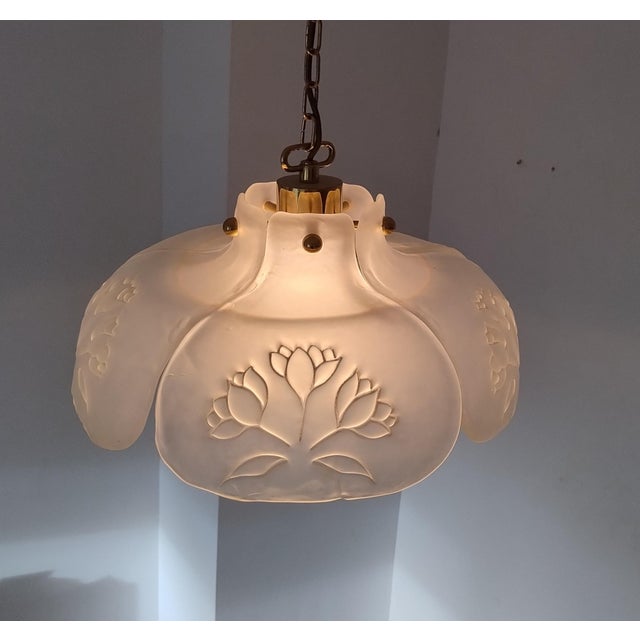 Beautiful elegant mid century modern brass pendant with frosted glass, Germany, 1970s. Thick and very heavy. First class...