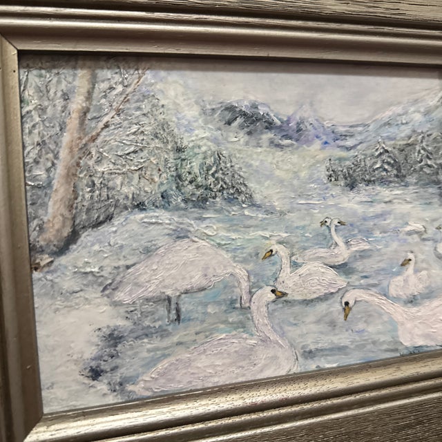 1960s Mid-Century Impressionist Winter Landscape Painting of Swans in Frame For Sale - Image 5 of 8