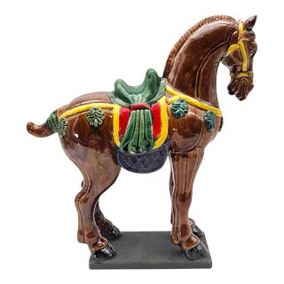 Tang Style Sancai Glaze Ceramic War Horse Sculpture, 12.5" For Sale