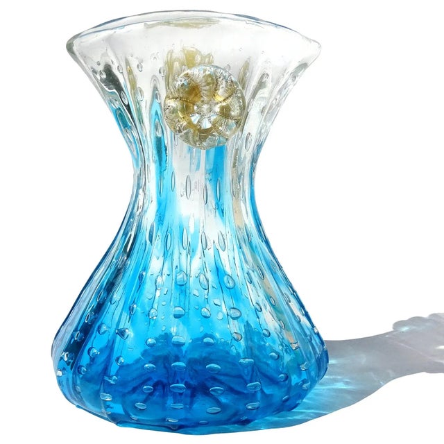 Beautiful antique Murano hand blown rich sapphire blue, control bubbles and flower decoration Italian art glass flower...