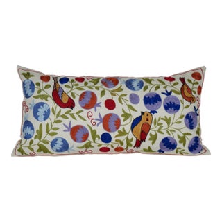 Hand Embroidered Suzani Lumbar Pillow Cover For Sale