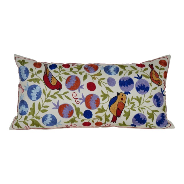 Hand Embroidered Suzani Lumbar Pillow Cover For Sale