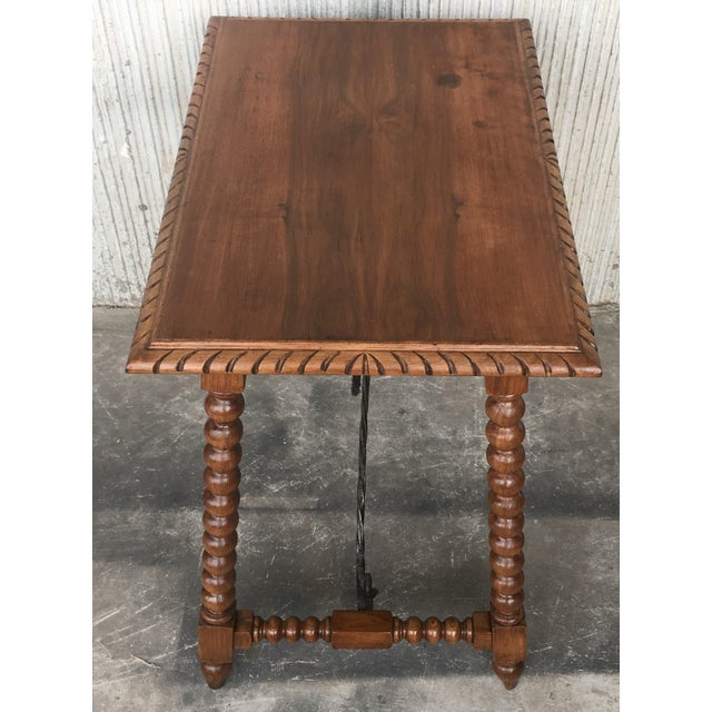 Late 19th Century 19th Century Spanish Farm Table with Iron Stretchers, Hand Carved Top and Drawer For Sale - Image 5 of 18