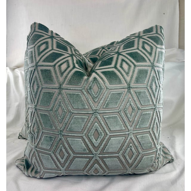 2020s Anna French "Jardin Maze Velvet" in Aqua 22" Pillows-A Pair For Sale - Image 5 of 5