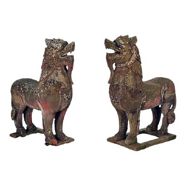 Pair of Wood Palace Lions, Southeast Asia, Weathered With Mica Eyes For Sale
