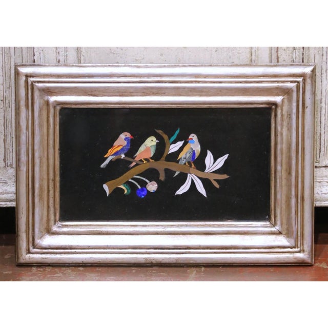Italian Mid-Century Italian Pietra Dura Bird Wall Plaques in Silvered Frames, Set of 4 For Sale - Image 3 of 18
