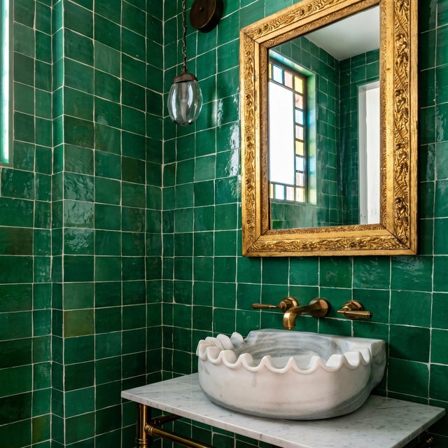 Art Deco White Marble Scalloped Wall Mounted Sink, Handcrafted Luxury Stone Bathroom Vanity Basin For Sale - Image 3 of 9