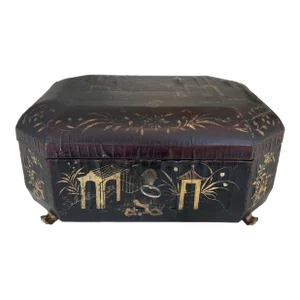 Antique Chinese Black Lacquered Box With Key