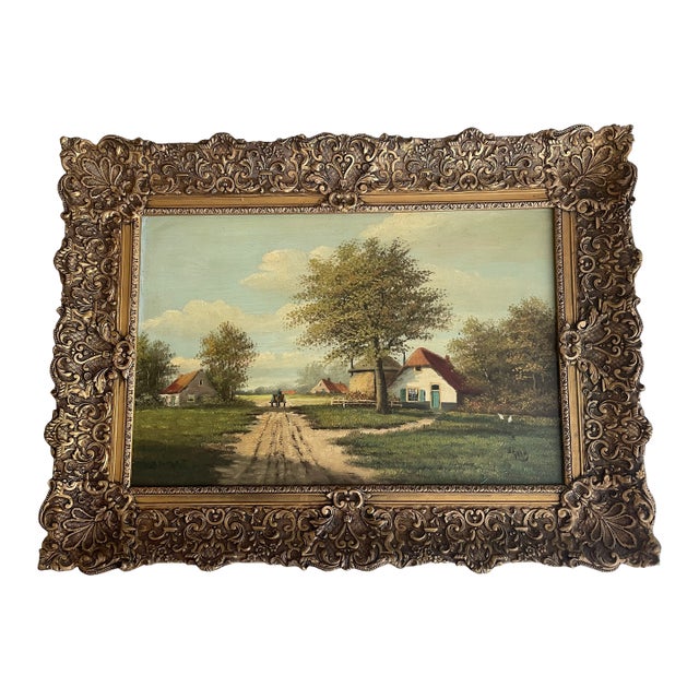 Antique 19th Century Landscape Rural Cottage Scene Oil Painting For Sale