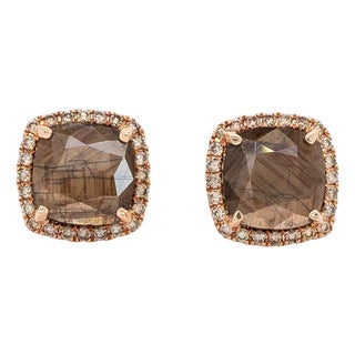 Golden Sheen Sapphire Earrings With Natural Diamond Accents in Solid 14k Gold, Pair For Sale