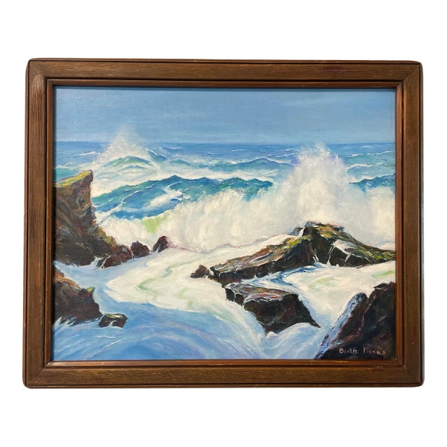 Mid 20th Century Vintage Framed Seascape Oil on Canvas Signed Ficaro For Sale