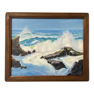 Mid 20th Century Vintage Framed Seascape Oil on Canvas Signed Ficaro