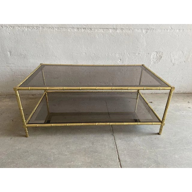 French Faux Bamboo, Mirrored Brass & Smoked Glass Two-Tier Coffee Table by Maison Baguès, 1960s For Sale - Image 14 of 14