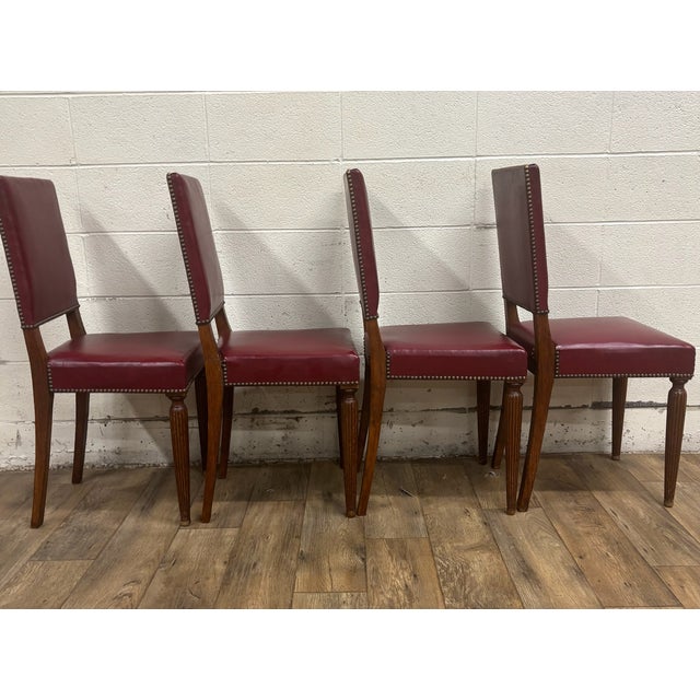 Wood Vintage Art Deco Style Leather Dining Side Chairs - Set of 4 For Sale - Image 7 of 11