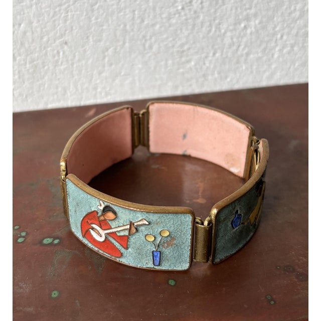 Metal Mid-Century Modern Enamel Link Bracelet with Cloisonné Geishas by Albert Gustav Bunge, Germany, 1950s For Sale - Image 7 of 9