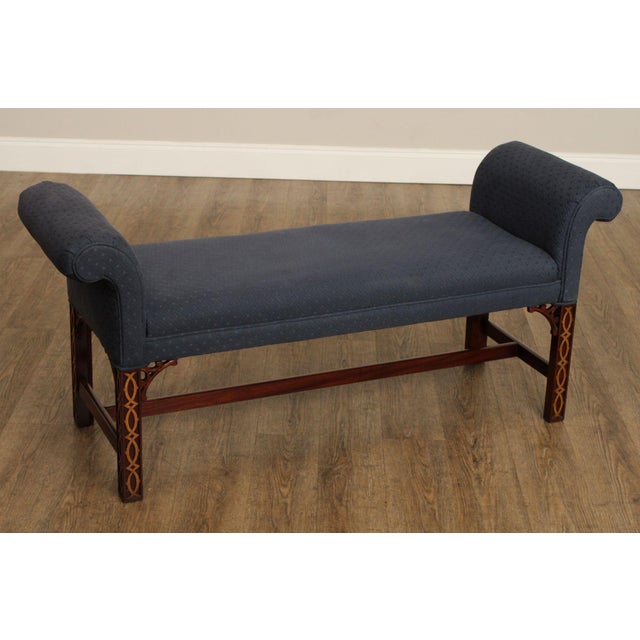 High Quality Vintage Mahogany Frame Window or End-of-Bed Bench with Fretwork Carved Legs and Rolled Arms