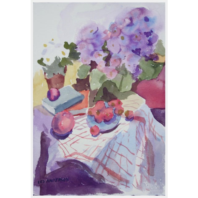 1980s Vintage Primroses and Fruit Still Life by Les Anderson For Sale - Image 5 of 5