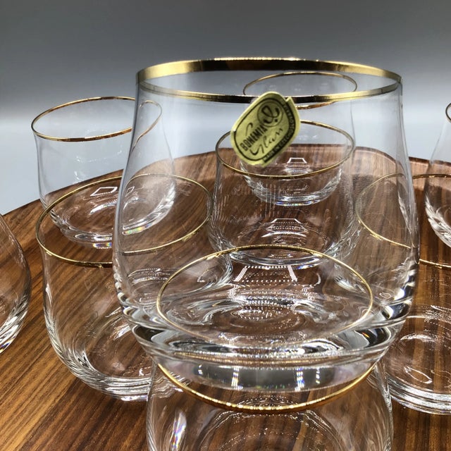 Transparent Bohemian Crystalex Geneve Old Fashion Gold Rim Whiskey/Scotch/Bourbon Glasses With Pressed Teak Tray-Set of 13 For Sale - Image 8 of 13