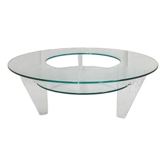 Vintages Round Coffee Table in Textured Acrylic Glass and Glass by Jeannot Cerutti, 1980s For Sale