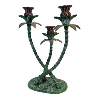 1970s Vintage Coastal Boho Chic Tole Palm Tree 3-Arm Candelabra. For Sale