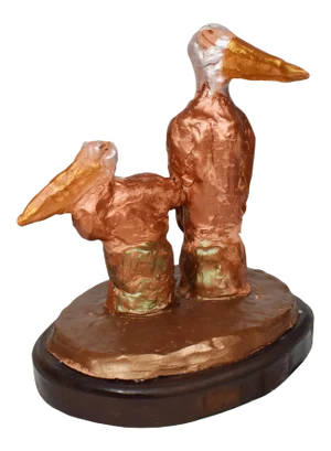 Late Century Handmade Painted Carved Pelican Sculpture on Wooden Base Signed Sheila