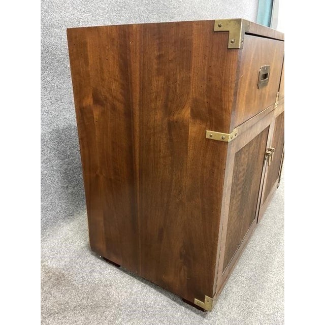 Late 20th Century Vintage Lane Campaign Walnut Server Cabinet | Mid Century Modern Buffet | Brass Hardware Storage Cabinet For Sale - Image 5 of 9
