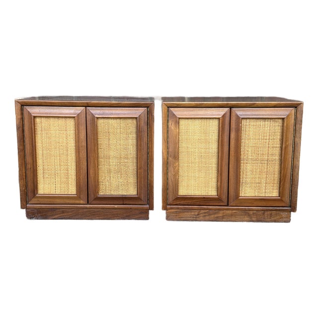 Pair of American of Martinsville Wonderwood Walnut & Cane Nightstands For Sale