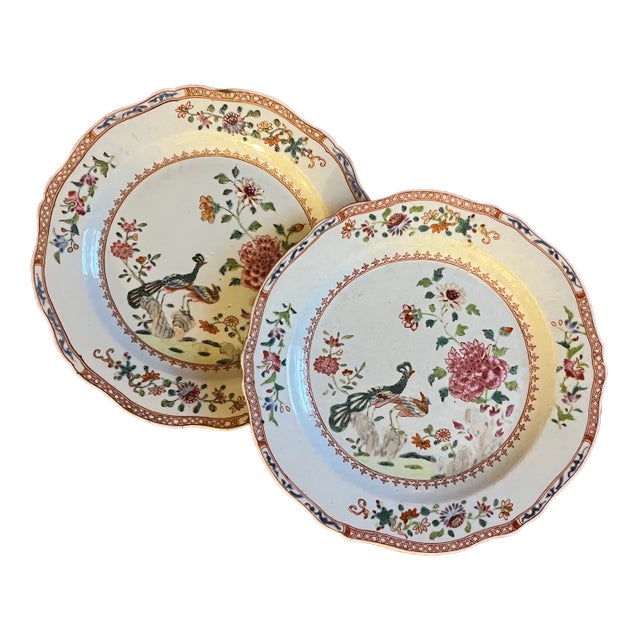 Antique 18th Century Chinese Export Famille Rose Porcelain Plates in the Twin Peacock and Peony Pattern - A Pair For Sale