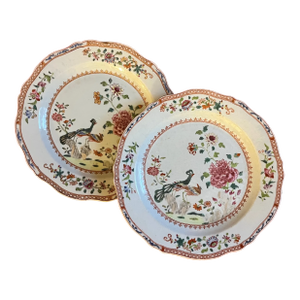 Antique 18th Century Chinese Export Famille Rose Porcelain Plates in the Twin Peacock and Peony Pattern - A Pair