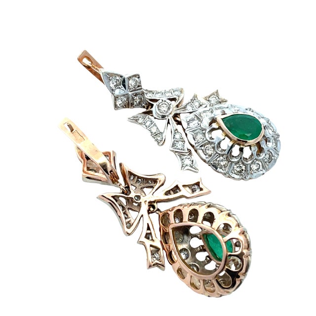 14k Yellow Gold 3 Carat Diamond & 1.50 CTW Emerald Drop Earrings, A Pair For Sale - Image 9 of 12