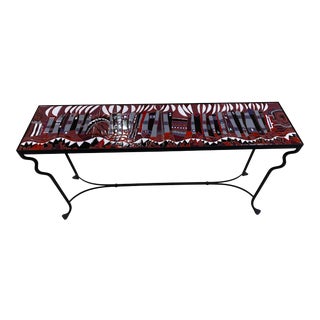 Sephardic Modern Wrought Iron Table With 4 Abstract Design Tile Table For Sale