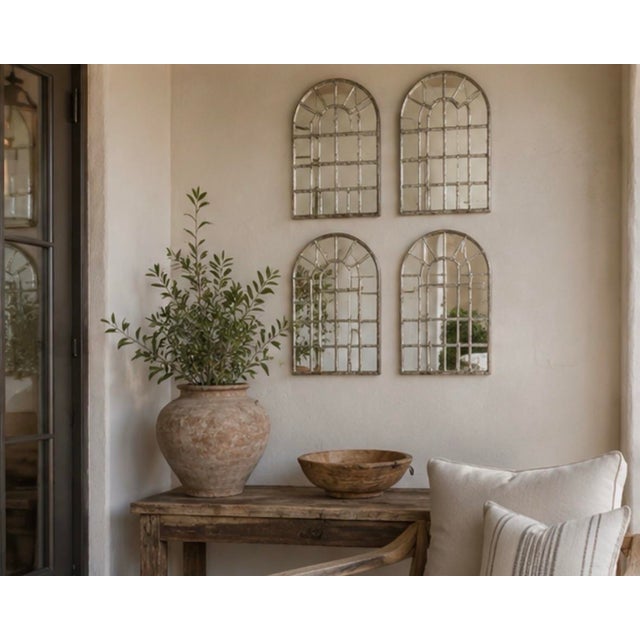 Set of Four Vintage White-Washed Iron Arched Window-Style Wall Mirrors For Sale - Image 11 of 12