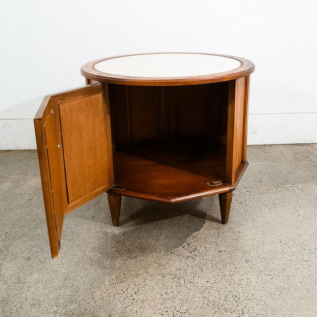 Brown 1960s Mid Century Modern Side Table End Nightstand Round Travertine Top Door Vintage For Sale - Image 8 of 12