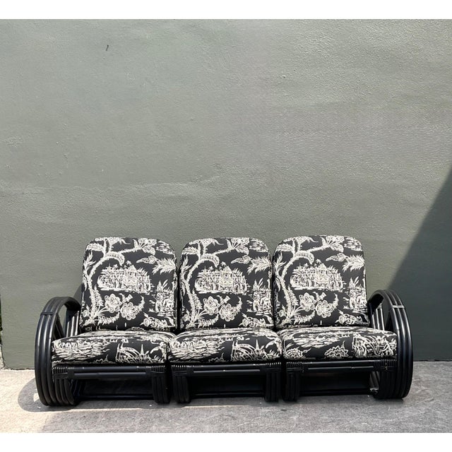 Vintage Black Rattan Sofa in Quadrille “Royal Journey” For Sale - Image 17 of 18