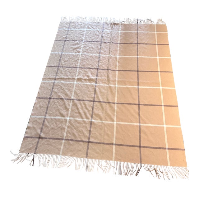 Camel-Colored Throw Blanket Featuring a Classic Large-Scale Plaid Pattern and Fringed Edges, Similar to the Window Pane Throw Blanket( Wool/ Cashmere) For Sale