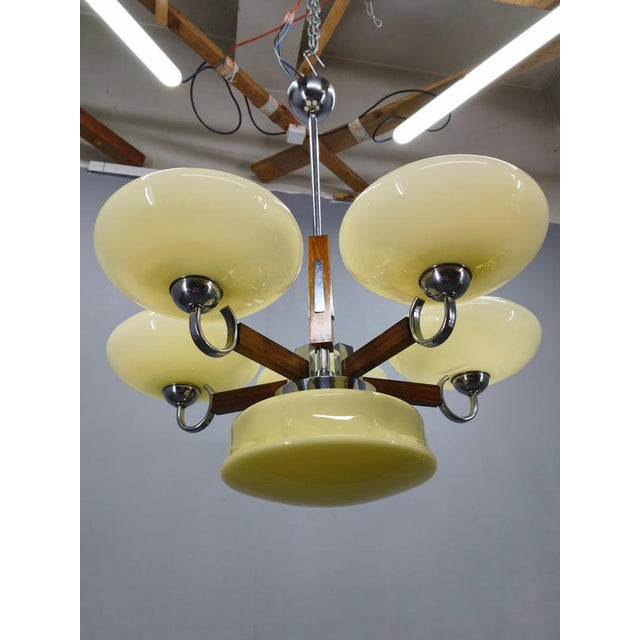 Metal Art Deco Chrome and Walnut Chandelier, Czechoslovakia, 1930s For Sale - Image 7 of 11