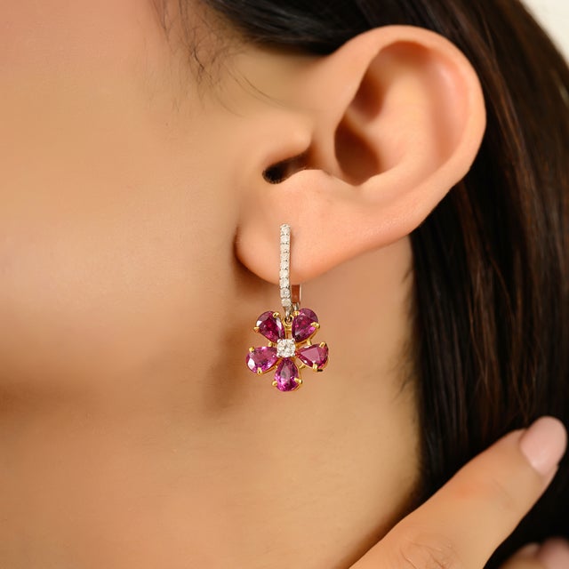 Metal Floral Ruby Diamond Lever Back Drop Earrings in 18k Two Tone Gold- A Pair For Sale - Image 7 of 10
