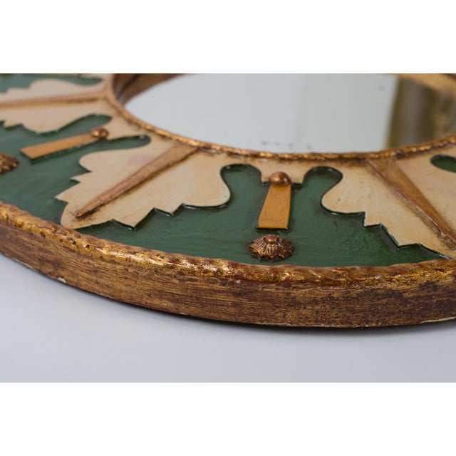 1950s Spanish Painted & Gold Gilt Wood Round Wall Mirror For Sale - Image 9 of 11