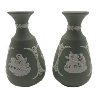 Vintage MCM Wedgwood Sage Jasperware Vases -Set of 2 For Sale