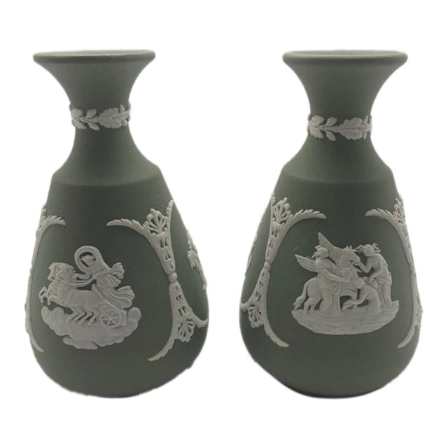 Vintage MCM Wedgwood Sage Jasperware Vases -Set of 2 For Sale