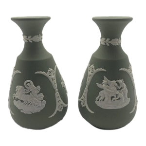 Vintage MCM Wedgwood Sage Jasperware Vases -Set of 2