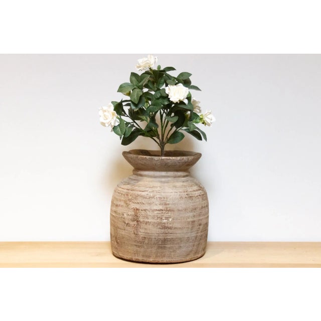 This charming antique carved wood pot was crafted from teak and originally used in village kitchens in North India to...