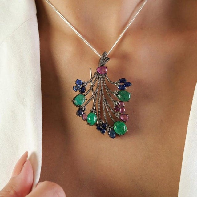 Art Deco Opulent Floral Bouquet Brooch Pendant With Emerald, Sapphire & Tourmaline For Sale - Image 3 of 14