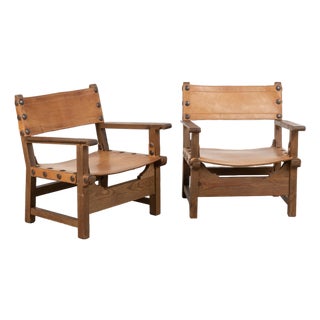 Pair of Mid-Century Spanish Brutalist Cognac Leather Arm Chairs For Sale
