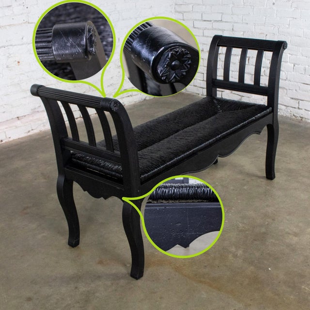 Late 20th Century French Country Black Painted Bench W/Woven Rush Seat & Cabriole Legs For Sale - Image 15 of 18