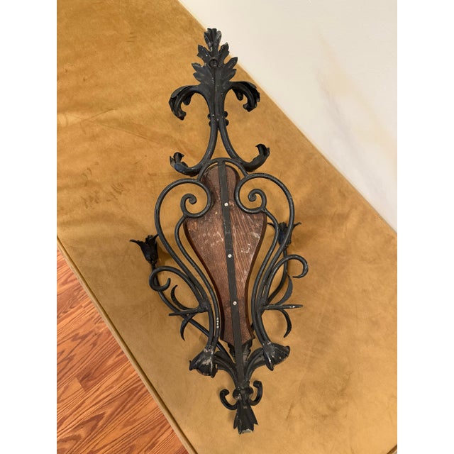 Vintage French Black Wrought Iron & Walnut Wood Candle Wall Sconce, Large For Sale - Image 9 of 12