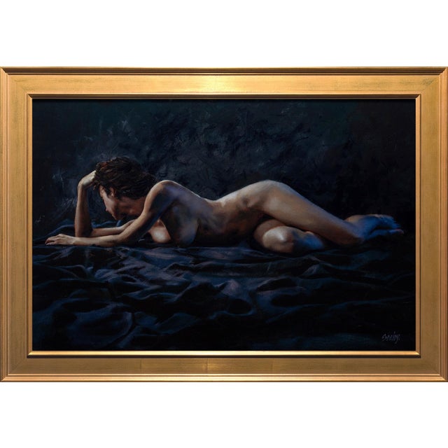 Audrey #1 by Dave Seeley | Oil on Canvas on Board Nude figure reclining on dark fabric. For Sale